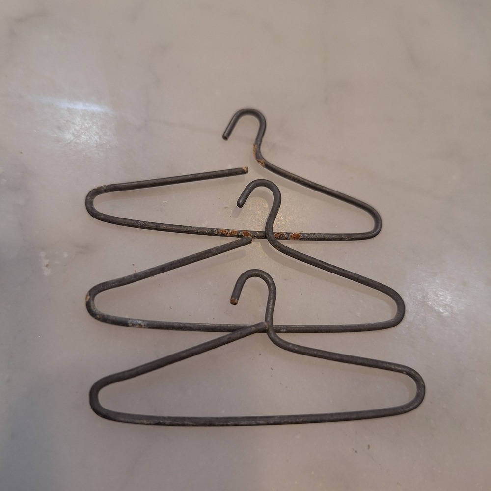 Vtg Miniature Wire Hangers Dollhouse 1.5" Grey Metal Tiny Barbie Clothes 3pc Set